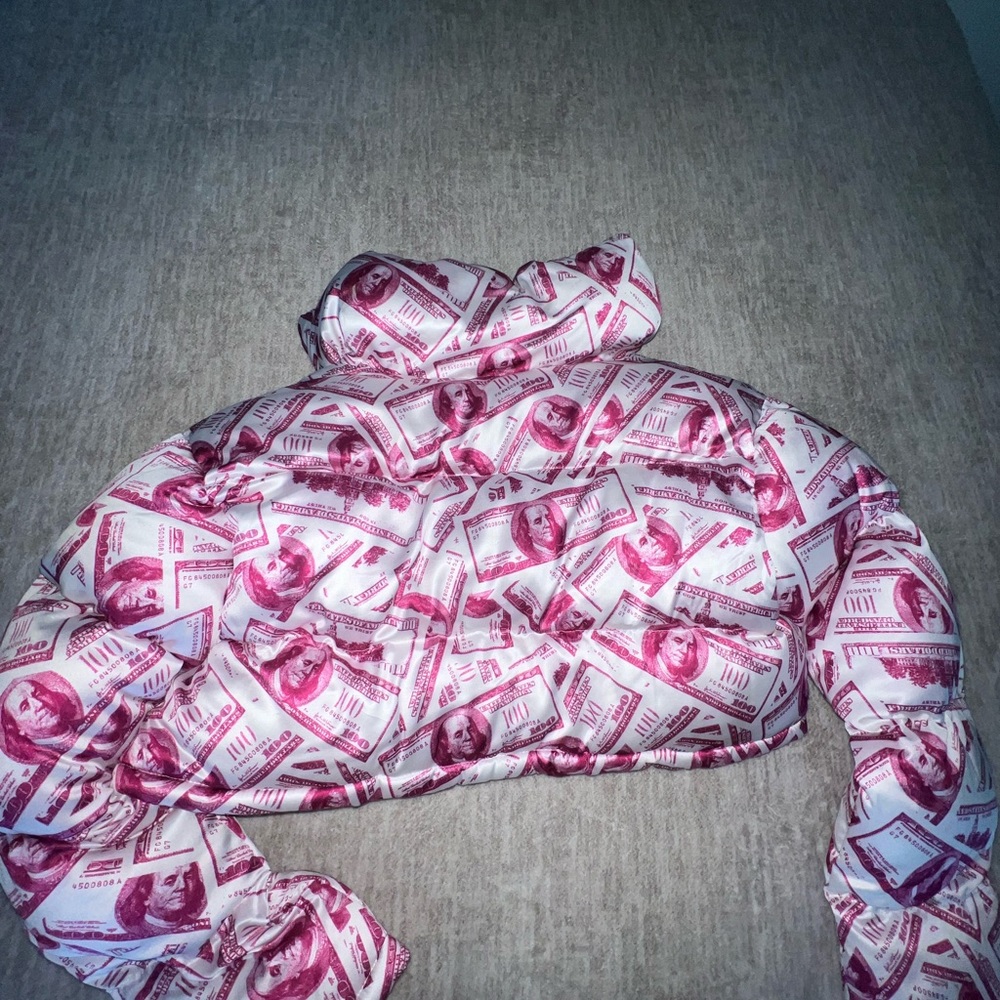 pink and white money bubble coat